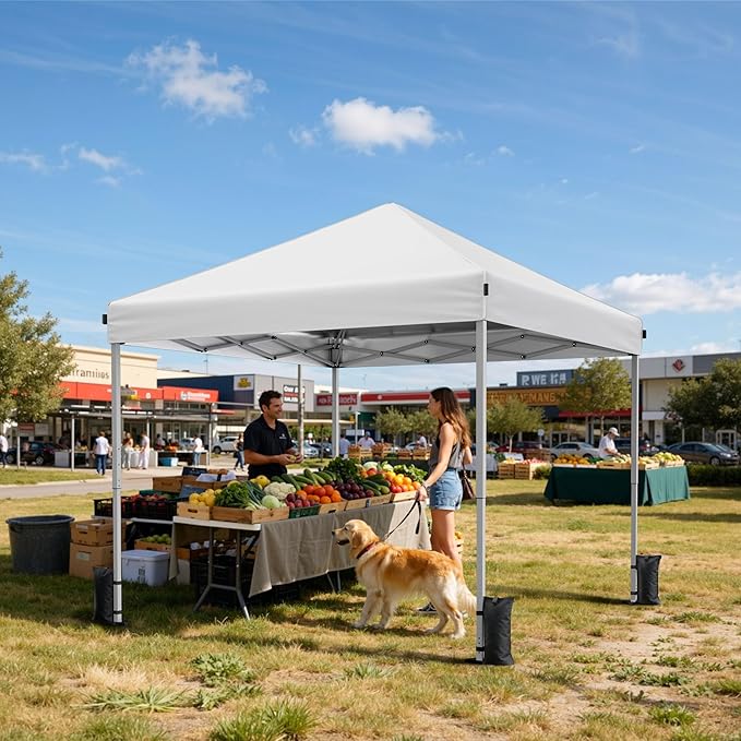 Driftalia 10x10 Pop Up Canopy Tent, Instant Setup Portable Canopy with Carry Bag, 4 Sandbags and 8 Stakes for Outdoor Events, Parties & Camping - White