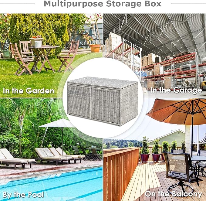 Rattan Storage Box w/2 Shelves, Wicker Storage Bench w/Lid & 2 Openable Doors, Rattan Cabinet Furniture Deck Box, Toys & Tools Cabinets for for Patio, Garden, Balcony, Porch, Yard (Color Gray)