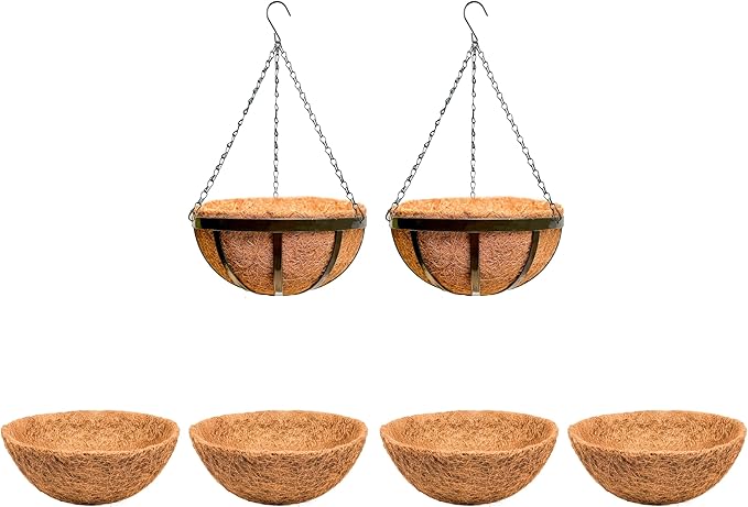 LaLaGreen Bundle- 2 Pack, 12 Inch Hanging Basket with Coco Liner + 4 Pack, 12 Inch Round Coco Liner Flat Metal Iron Plants Flower Holder Hanger Hook Chain Balcony Porch Deck Outdoor Home Garden Decor