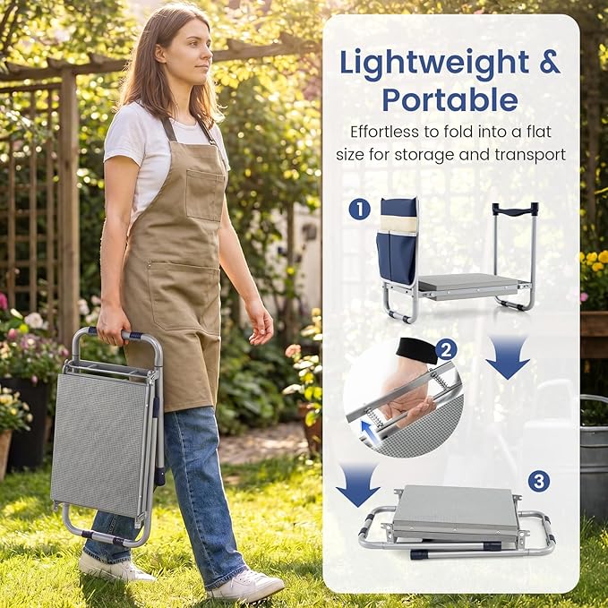 2-in-1 Garden Kneeler and Seat, Folding Garden Seat w/EVA Foam Kneeling Pad & Removable Tools Pouch, Sturdy Steel Frame, No Assembly, Portable Heavy Duty Garden Stool w/Detachable Armrests