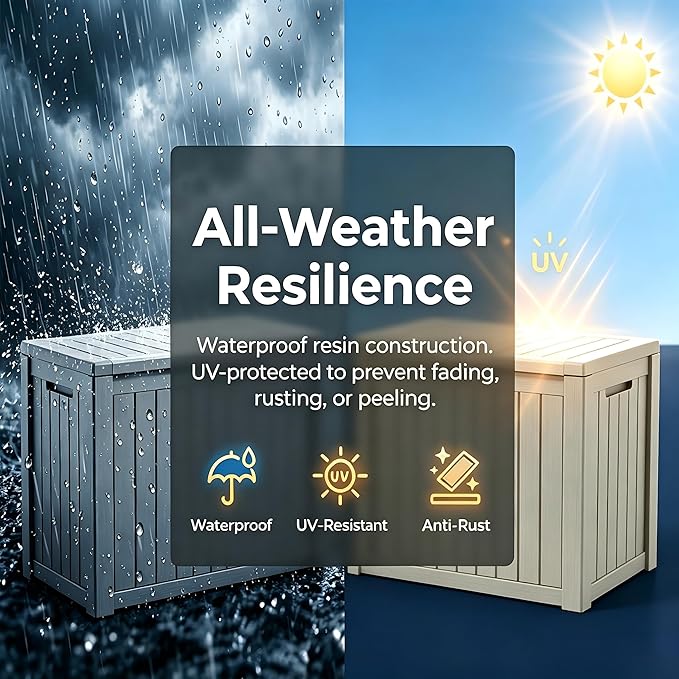 151 Gallon Resin Deck Box with Lockable Lid – Heavy-Duty Outdoor Storage for Patio Furniture, Garden Tools, Pool Accessories, BBQ Supplies – All-Weather Wood Grain Design
