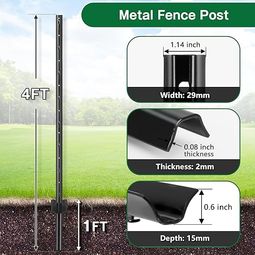 Gtongoko 10 Pack 4FT Heavy Duty Metal Fence Posts, Black U Channel No Dig Fence Stakes with Anchor Plate, 14 Gauge Steel Posts for Wire Fencing, Garden Protection, Animal Barrier, Yard & Farm Boundary
