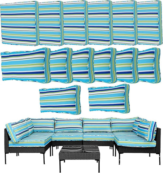14Pcs Outdoor Cushion Covers Replacement Washable Waterproof UV w/Zipper for 6-Seaters Sofa Patio Slipcovers Set Seat and Back Covers Only (Aurora, 25.6x25.6inch)