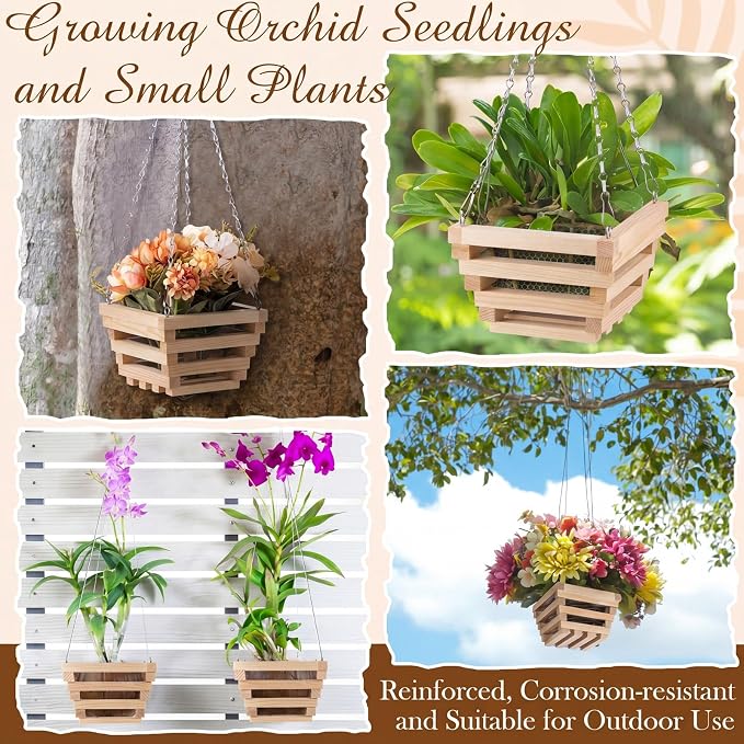 SiliFine 6 Sturdy Orchid Hanging Baskets, Wooden Plant Hanging Baskets, Handmade Inverted Trapezoidal Suitable for Orchids and Other Plants, Staghorn Ferns for Outdoor and Indoor Use, 6 Inch (Natural)