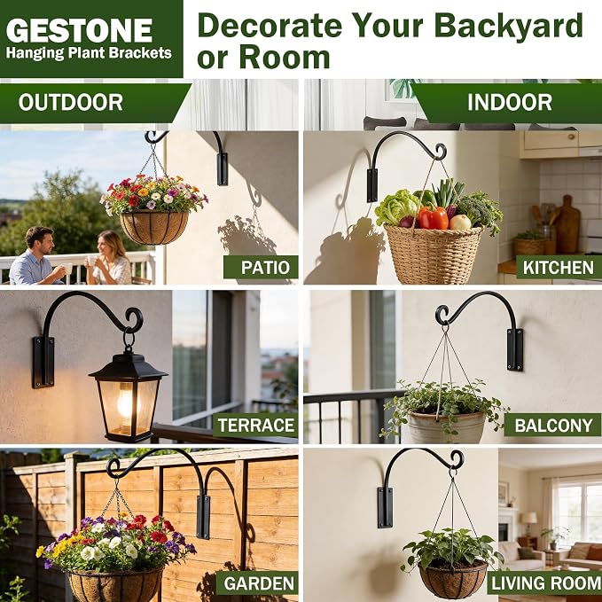 Heavy Duty 12 Inch Plant Hangers Bracket Outdoor, 50lbs Weight Capacity-2 Pack Metal Wall Hooks for Hanging Plants, Bird Feeder, Wind Chime, Wall Decor, Plant Hanger Hooks for Hanging Flower Baskets