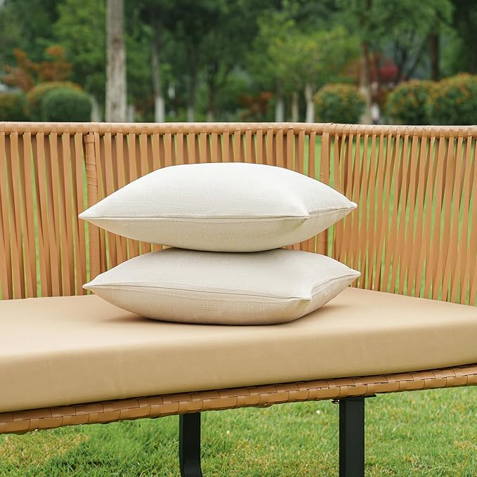 NiNi ALL Pack of 2 Decorative Outdoor Waterproof Pillow Covers Square Linen Textured Garden Cushion Sham Throw Pillowcase Set of 2 for Patio Farmhouse Garden Tent Couch 24x24 Inch Beige