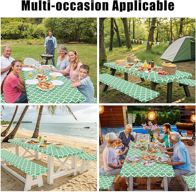 Smiry Picnic Table Cover with Bench Covers, Waterproof Elastic Fitted Tablecloth for 6 Foot Tables, Washable Polyester Tablecloths for Camping, Indoor & Outdoor (Sage Green, 30x72 Inch 3-pc Set)