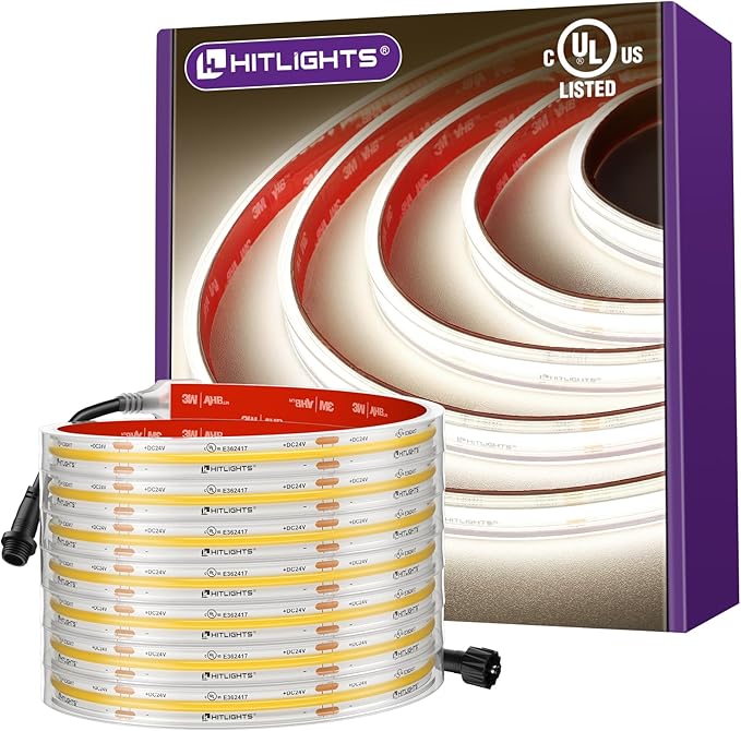 Outdoor COB LED Strip Lights Waterproof White 4000K, 16.4ft IP67 24V Tape Light High Density, 2560 LEDs, 305 LM/FT, CRI 90+, Lighting for Bathroom,Backyard,Garden,UL Listed(Power Source Not Included)