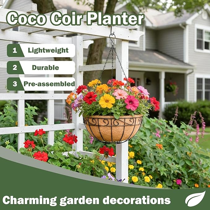 4 Pack 14 Inch Hanging Baskets for Plants Outdoor Metal Hanging Planter Basket with Coco Coir Liner Hanging Flower Pots Holder for Garden, Patio(Flower)