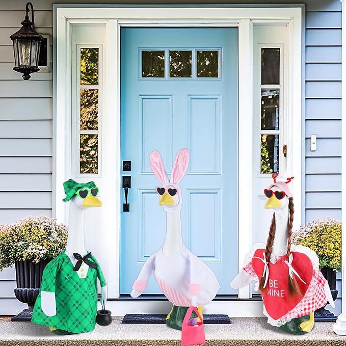 3 Sets Seasonal Porch Goose Outfits with Braid Wig Sunglasses Valentine St. Patrick Easter Bunny Festivals Lawn Goose Clothing Costume Set for 23“ Outdoor Yard Garden Patio Lawn Holiday Decorations