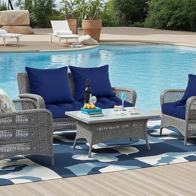 22x22 Waterproof Outdoor Chair Cushions Set of 2, Patio Cushions for Outdoor Furniture Water-Resistant & Fade-Resistant, Deep Seat & Back Cushion for Wicker Sofa (Blue)