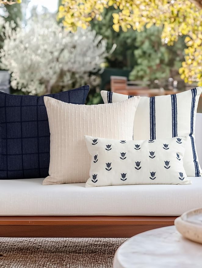 Crumbs Home Coastal Linen Indoor Outdoor Throw Pillow Cover Only, 22"x22" Water Repellent for Patio, Backyard, Couch, Neutral Dark Navy Embroidered Stripes