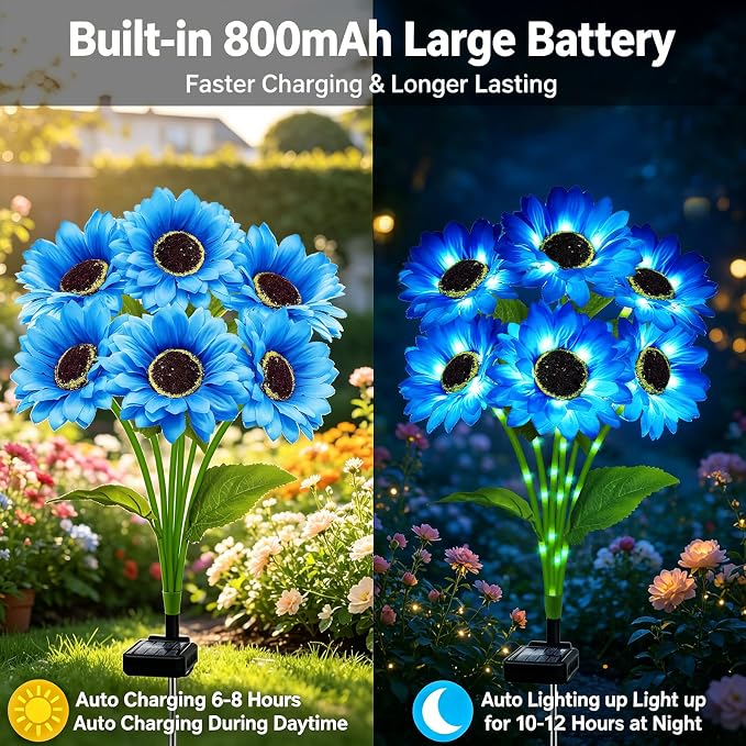 Solar Garden Lights Outdoor, 6 Pack Blue Sunflower Lights with 36 Sunflower, Waterproof 60 Led Garden Fall Decor, Gifts for Mom Grandma, Decorative Solar Flowers for Pathway Patio Yard Decoration
