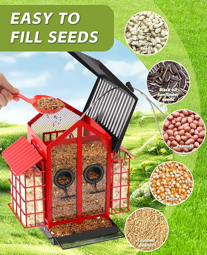 Weatherproof Bird Feeders for Outdoors - 4Lbs Large Metal Suet Feeder for Cardinal Finch, Garden Decor (Ordinary Red)