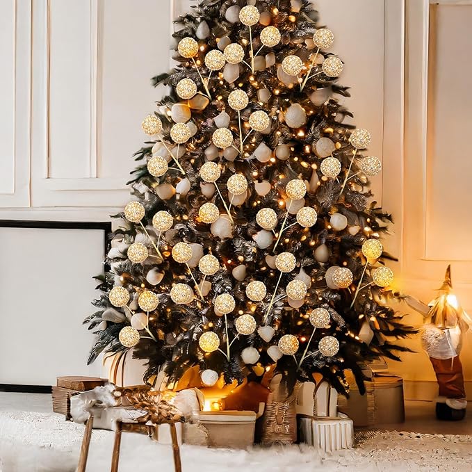 Norme 6 Pcs 15.8" Christmas Glitter Ball Tree Picks Christmas Ball Decorations Artificial Berry Stems Branches for Filler Vase Home Xmas Tree Party Holiday Decor(Champagne)