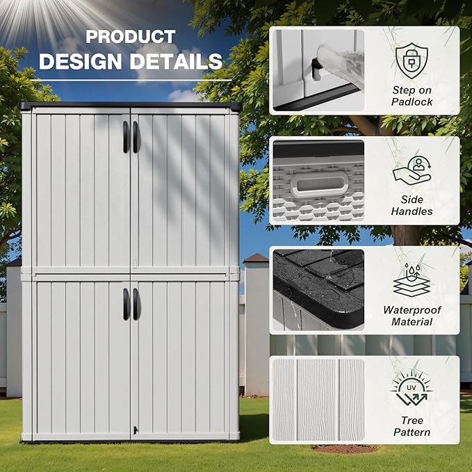 Greesum Outdoor Storage Cabinet Without Shelves, 45 cu.ft Outdoor Waterproof Storage Shed for Garden Tools, Pool Storage, Garbage Cans, White