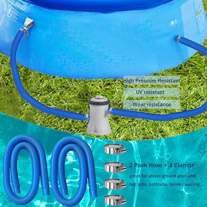 Pool Hoses Pool Pump Replacement Hose, 1.25 x 59 inch Above Ground Pool Hoses Tubes Compatible with Intex Filter Pump 607, 603, 637, 2 Pack Hose 4 Clamps Poolhose-2Pcs