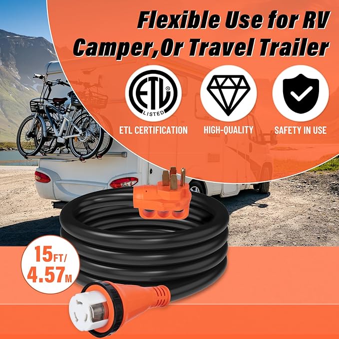 WELLUCK 50 Amp 15FT RV Power Extension Cord with Cord Organizer, Heavy Duty NEMA 14-50P to SS 2-50R RV Twist Locking Adapter Plug for RV Camper and Generator to House, 6/3+8/1 Gauge, ETL Listed
