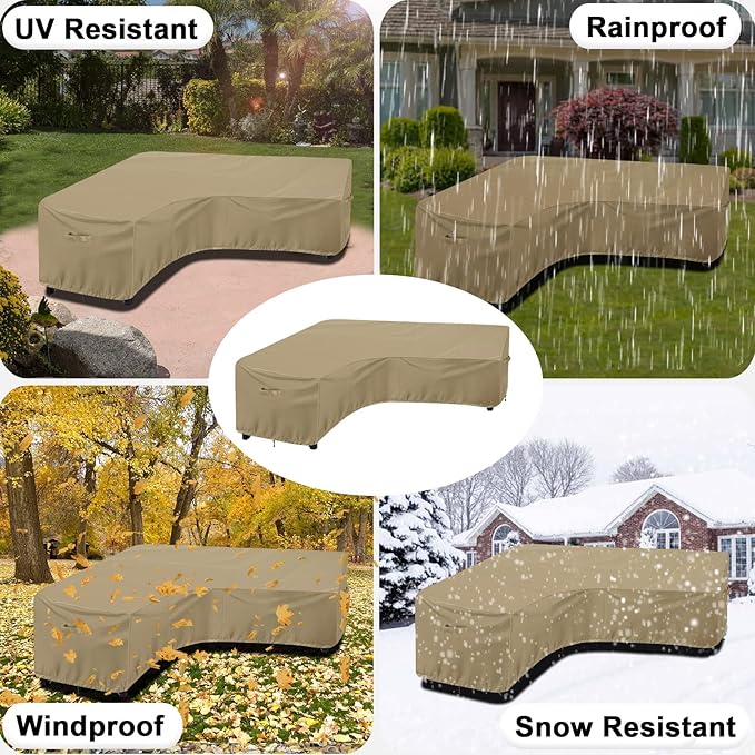 OutdoorLines Waterproof Outdoor Patio Sectional Cover - UV Resistant & Windproof V-Shaped Patio Furniture Covers for Deck, Lawn and Backyard, 420D Heavy Duty Couch Cover 118" L (on Each Side) Camel