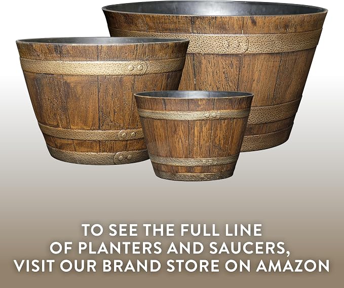 Classic Home & Garden by Growscape Whiskey Barrel Planters, Wood Finish Flower Planter Pot, Stylish Indoor & Outdoor Resin Garden Pots, Weather-Resistant Planting Pot (20.5" Kentucky Walnut, 1- Pack)