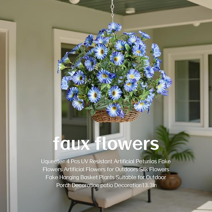 Blue Artificial Morning Glory Flowers for Outdoor Planters, Premium UV Resistant Silk Faux Flowers for Porch, Hanging Basket & Window Box, Lifelike Floral Arrangement, No Pot 13.3“ 4 Bundles
