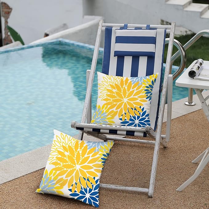 DFXSZ Yellow Blue Flower Pillow Covers 20x20 Inch Set of 2 White Gray Colored Throw Pillows Outdoor Waterproof Decor for Living Room Sofa Patio Funiture Garden Floral Polyester Pillow Covers 002J20