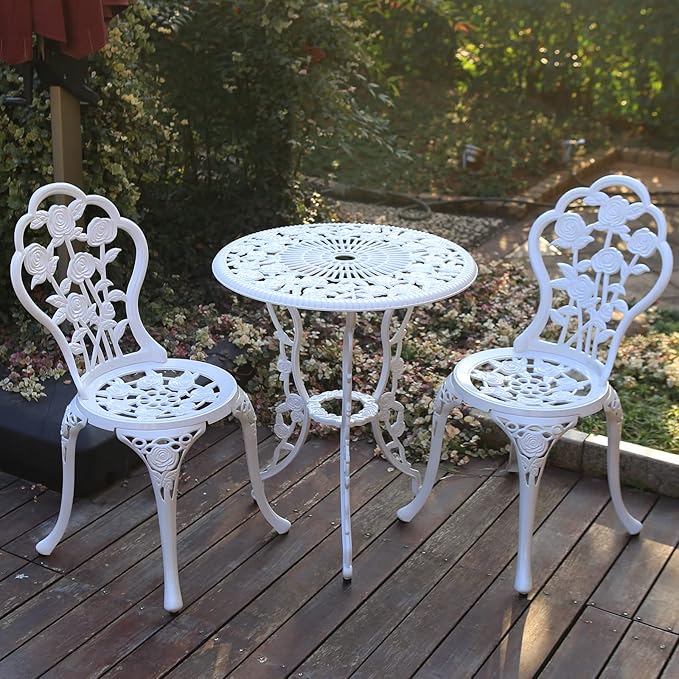 JARDIN DE CENTENNIAL Patio Bistro Set.Rust-Resistant Cast Aluminum Bistro Table Set with Umbrella Hole for Backyard (Rose White)