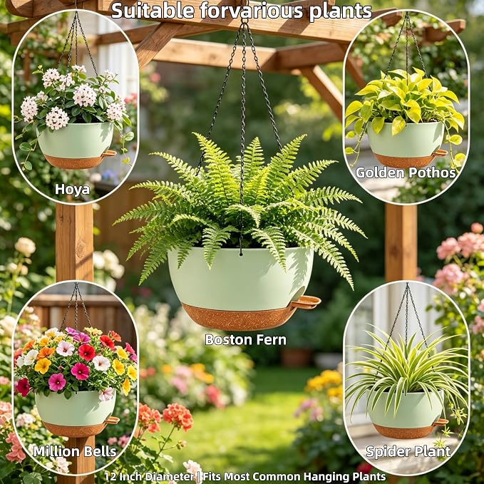12" Self Watering Hanging Planters, Green Brown, 2 Pack | With Chains