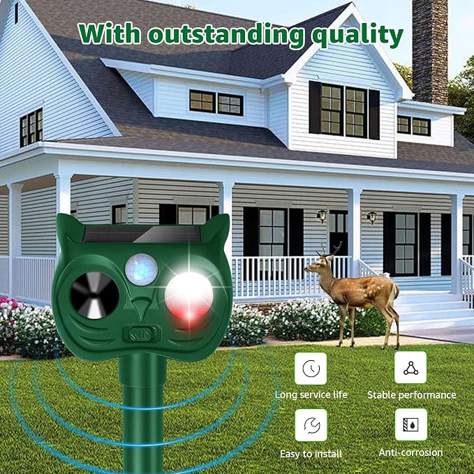 Solar Ultrasonic Animal Repellent Outdoor Motion Sensor Deer Repellent Devices Squirrel Cat Raccoon Rabbit Deterrent with Strobe Light Dual Mode, Keep Skunk Away Protection for Yard Garden Lawn 2PCS