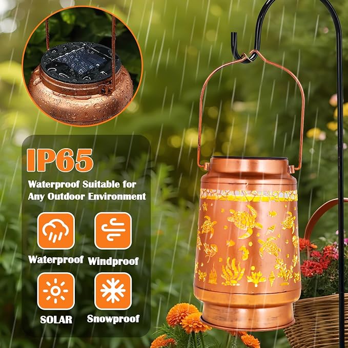 Turtle Gifts for Women Mom, Sea Turtle Solar Lantern Outdoor, Metal Hanging Garden Decor Light for Patio Yard Porch, Waterproof Solar Light Auto On/Off