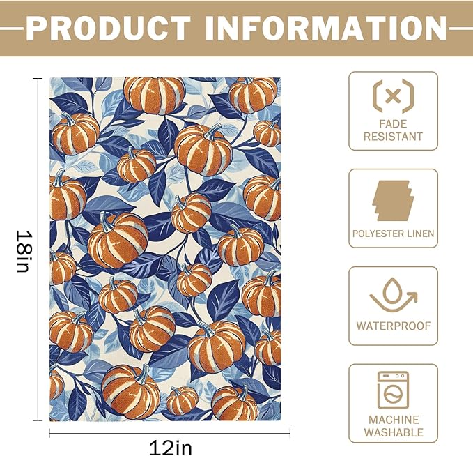 Blue Burnt Orange Fall Thanksgiving Garden Flag 12x18 Inch Autumn Pumpkin Leaf Harvest Theme Print Holiday Decorative Yard Flags for Outside Double Sided Outdoor Home Farmhouse Decoration Porch Decor