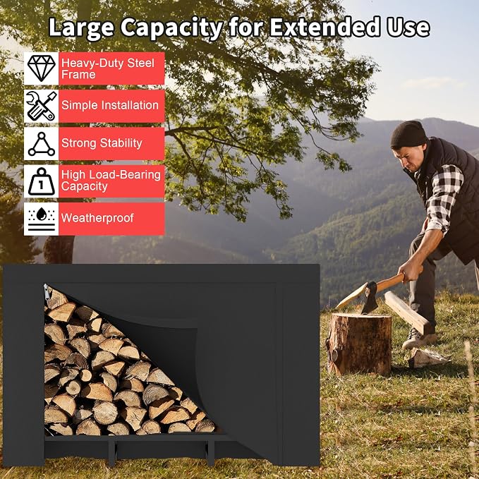 DIAMONDFORGE 4ft Firewood Rack Outdoor with Cover, Heavy Duty Fire Wood Stand, Metal Firewood Rack Indoor, Firewood Holder Storage, Log Wood Pile Racks Stand for Patio, Garden, Backyard, Matte Black