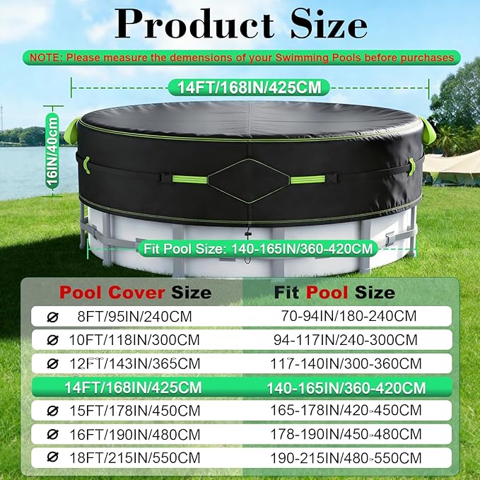 14Ft Round Pool Cover for Above Ground Pools, Safety Solar Pool Covers with Reflective Strips, Rope and Luminous Nails, Upgraded Thicker Oxford, PU Tarp Snug, UV Protected, Windproof, Tear Resistant