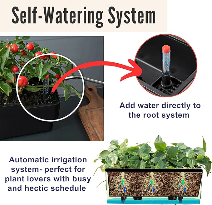 LaLaGreen Railing Planter Boxes (16 Inch, 4 Pack) Black Rectangular Plastic Window Box Planters with Self-Watering System Metal Brackets, Outdoor Plants Herbs Flowers Deck Balcony Fence Garden Decor
