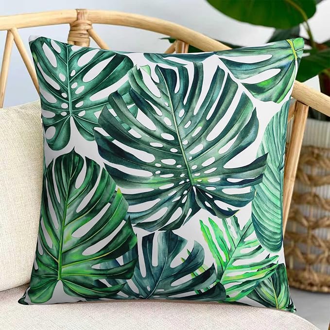 Adabana Spring Outdoor Waterproof Tropical Leaf Pillow Covers Set of 2 Monstera Green Plant Cushion Cases 18x18 Inch Waterproof Decorative Pillows for Patio Garden Couch Beach,Green