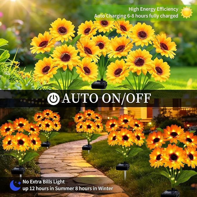 Solar Garden Lights Outdoor, 3 Pack Solar Sunflower Lights with 18 Head 3.4 Inch Flowers, Waterproof Flowers Light Fall Thanksgiving Decorations for Garden Yard Patio Backyard, Gifts for Mom Women