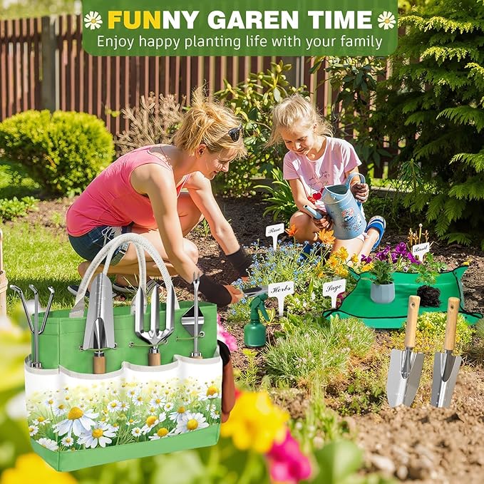 22Pcs Garden Tools Set for Women,Heavy Duty Hand Tool Kit,Gifts for Mothers Day Mom Beginner Gardening Essentials with Large Tote Bag/Repotting Mat/Trowel/Rake/Pruner/Gloves/Plant Tags-Green