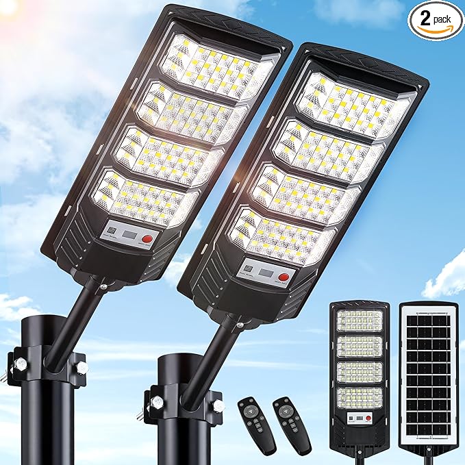 Yusist 2 Pack Solar Street Lights Outdoor Waterproof,6500K LED Motion Sensor Lights,Dusk to Dawn Solar Flood Lights with Remote,Parking Lot Light,Commercial Area Lighting for Outside