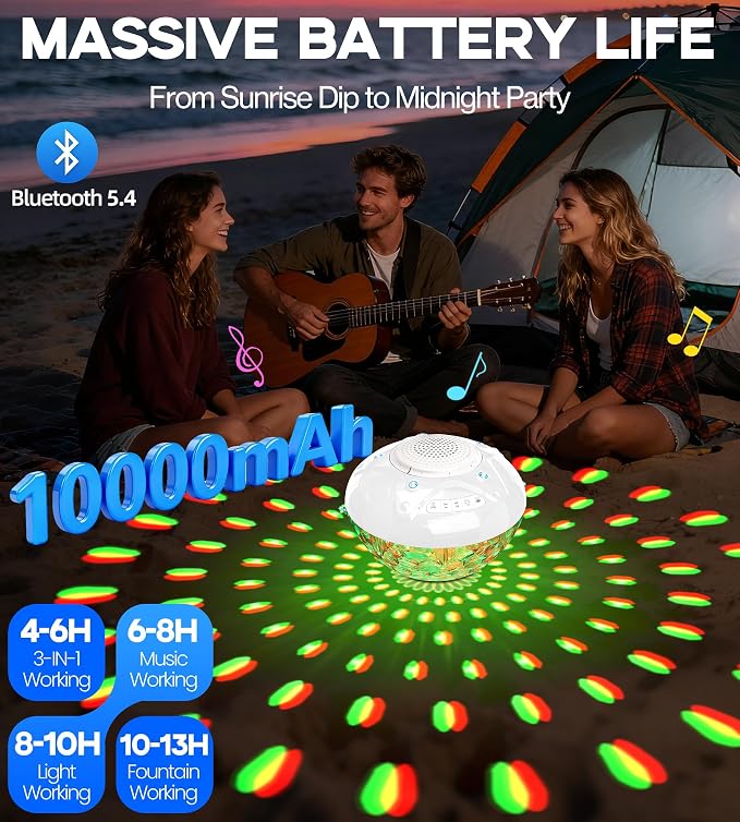 Luxfero 3 in 1 Pool Fountain with Bluetooth Pool Speaker, Floating Pool Fountain with Lights, IP68 Waterproof Hot Tub Speaker Pool Water Fountain Pump, BT5.4, Loud Sound Pool Fountain Speaker-White