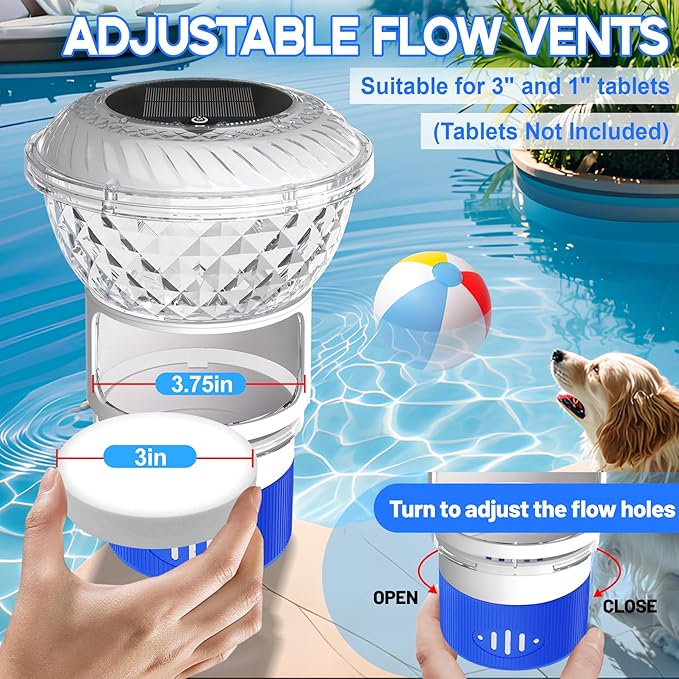 Pool Chlorine Floater with Marquee Light,Color-Changing Chlorine Floater with Button Control,Floating chlorines Dispenser for Pool,Adjustable Release Solar chlorines floaters for Hot Tub,Blue