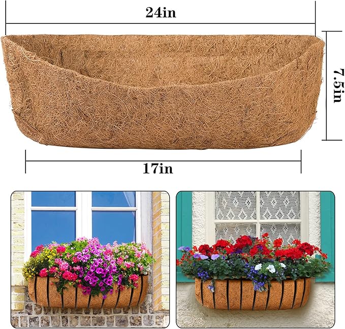 3 Pack Coco Liners for Window Planter Box - 24in 100% Natural Coconut Coir Fiber Liner Replacement for Deck Flower Box, Garden Railing Fence Trough, Wall Planter Basket, Vegetables Pot