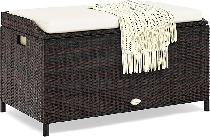 YITAHOME Outdoor Wicker Storage Bench Deck Box, Large PE Rattan Patio Storage Bench w/Covenient Handles and Soft Cushion for Patio, Yard, Lawn, Garden