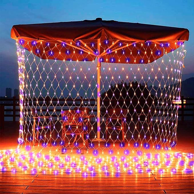Dazzle Bright Halloween 360 LED Net Lights, 12FT x 5FT Connectable Waterproof String Lights Clear Wire with 8 Modes, Halloween Decorations for Indoor Outdoor Party Yard Garden Decor, Purple & Orange