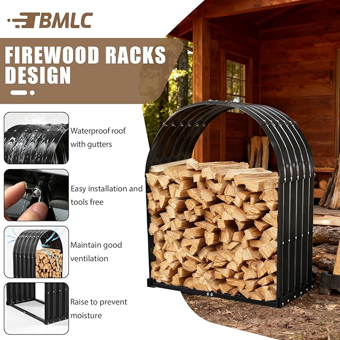 TBMLC Heavy-Duty Black Firewood Storage Shed – Metal Log Holder with 32" Round Roof – Outdoor Wood Rack for Patio, Deck & Fireplace – Weatherproof Lumber Stand for Firewood (2.7FT Diameter Roof)