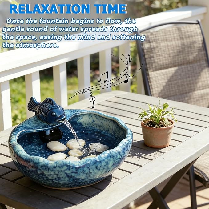 Ceramic Solar Fountain Bird Bath with Battery Backup,Bird Bath for Outside,Bird Bath Bowl for Garden, Patio & Yard Decor,Working at Night for at Least 6 Hours (Koi Fish).