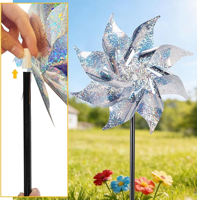Hausse 12 Pack Reflective Pinwheels with Stakes (Pre-Assembled), Extra Sparkly Pin Wheel for Garden Decor, Bird Repellent Devices Deterrent to Scare Birds Away from Yard Patio Farm, Silver