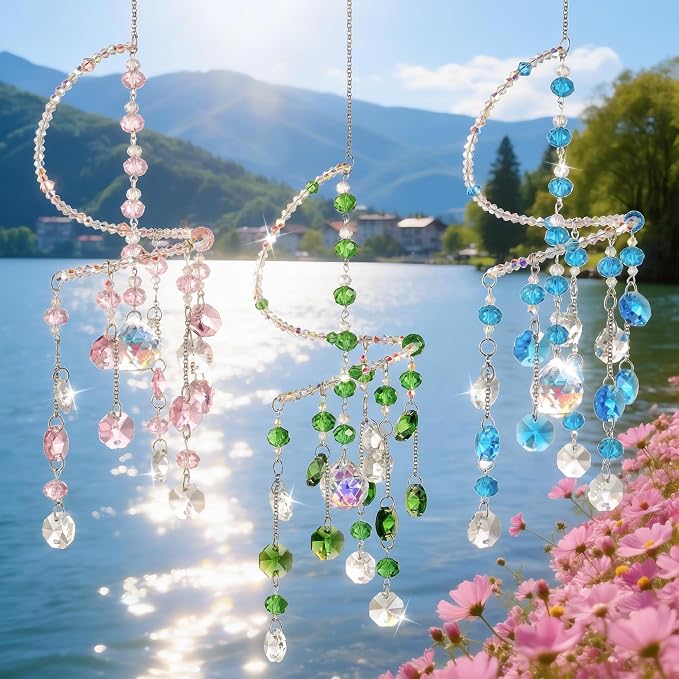 H&D HYALINE & DORA 3 Pcs Crystal Suncatchers, Spiral Sun Catchers Indoor Window, Boho Healing Wind Chimes Hanging Crystals for Home Garden Wedding Decoration(Pink,Green,Blue)
