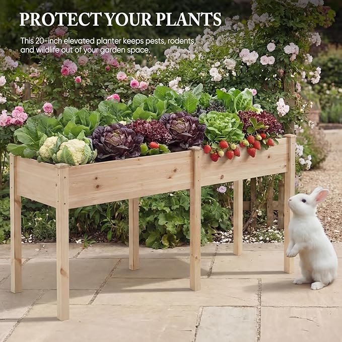 DUMOS Raised Garden Bed with Legs, 72x23x30 Inch Planter Box Outdoor with Liner for Herbs Flowers Vegetables, Elevated Wooden Garden Bed for Patio, Balcony and Backyard, Natural Wood