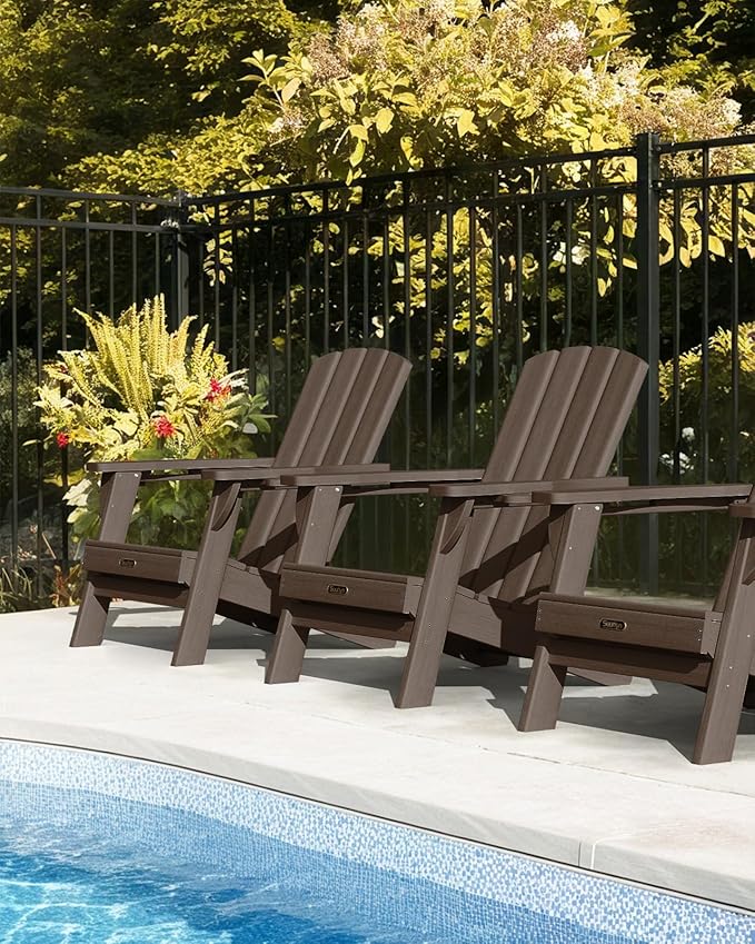 Folding Adirondack Chair 6 Pack, HDPE All-Weather Fire Pit Chairs, Plastic Adirondack Chairs with 2 Cup Holder, Outdoor Lawn Chair for Patio Garden (Brown)