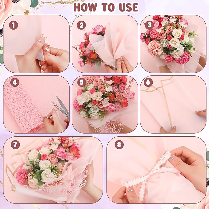 Qilery 334 Pcs Flower Wrapping Paper Set,153 Waterproof Floral Bouquet Wrapping Paper,72 3D Gold Butterfly Decoration,100 Pins, 6 Crowns and 3 Ribbons for DIY Craft(Elegant Color)